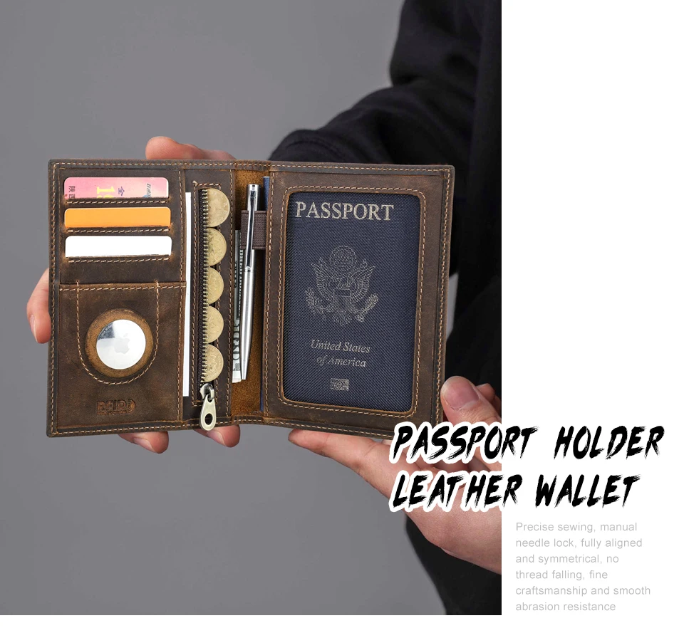 Genuine Cow Leather Passport Holder Travel Wallet with Airtag Case Anti-lost Pocket Pen Card Holder RFID Blocking Passport Cover