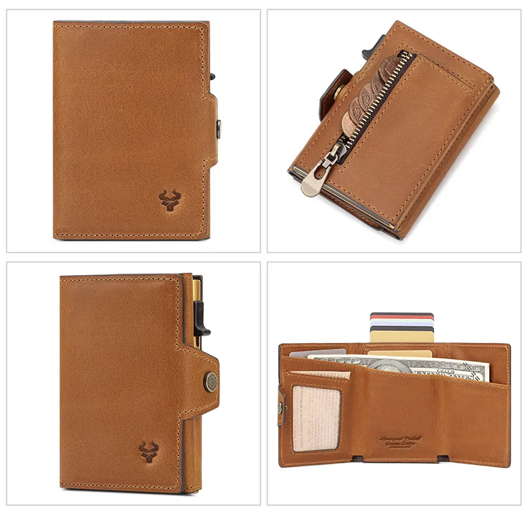 HUMERPAUL Men Card Holder with Money Pocket Crazy Horse Leather Pop Up Minimalist Wallet RFID Blocking Slim Metal Bank Card Case
