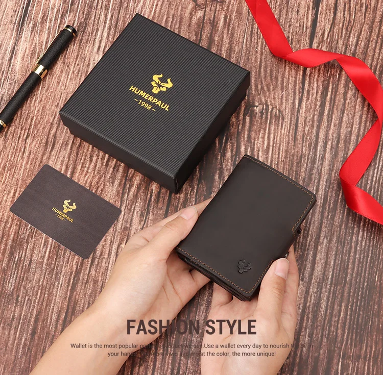 HUMERPAUL Men Card Holder with Money Pocket Crazy Horse Leather Pop Up Minimalist Wallet RFID Blocking Slim Metal Bank Card Case