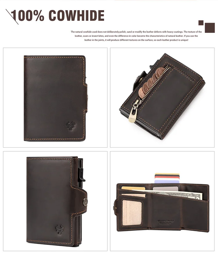 HUMERPAUL Men Card Holder with Money Pocket Crazy Horse Leather Pop Up Minimalist Wallet RFID Blocking Slim Metal Bank Card Case