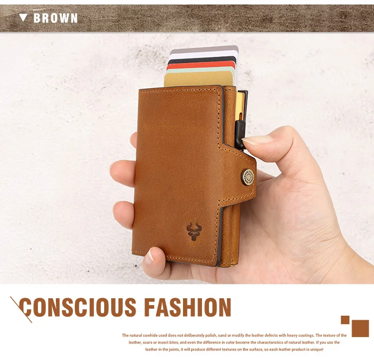 HUMERPAUL Men Card Holder with Money Pocket Crazy Horse Leather Pop Up Minimalist Wallet RFID Blocking Slim Metal Bank Card Case