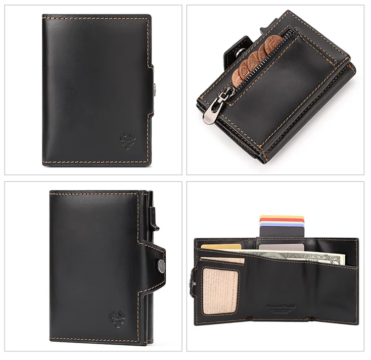 HUMERPAUL Men Card Holder with Money Pocket Crazy Horse Leather Pop Up Minimalist Wallet RFID Blocking Slim Metal Bank Card Case