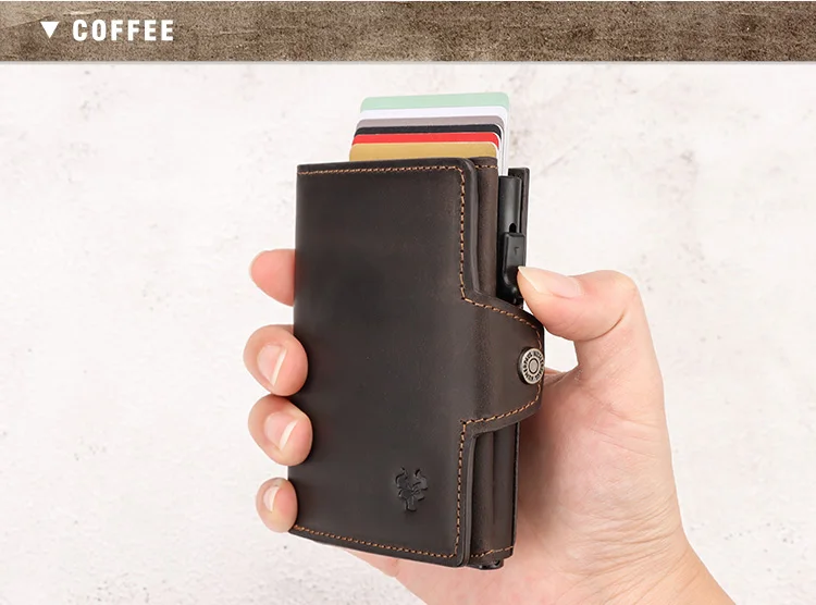 HUMERPAUL Men Card Holder with Money Pocket Crazy Horse Leather Pop Up Minimalist Wallet RFID Blocking Slim Metal Bank Card Case