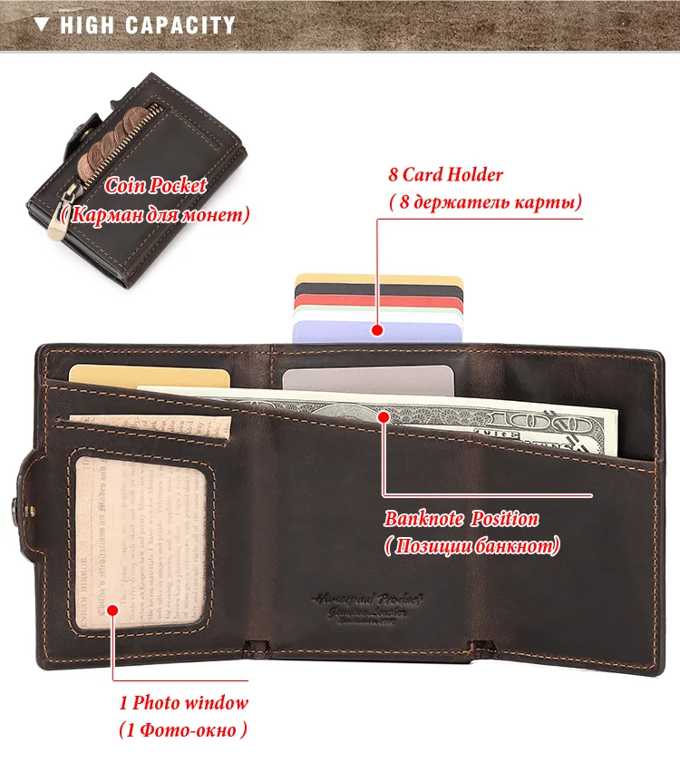 HUMERPAUL Men Card Holder with Money Pocket Crazy Horse Leather Pop Up Minimalist Wallet RFID Blocking Slim Metal Bank Card Case