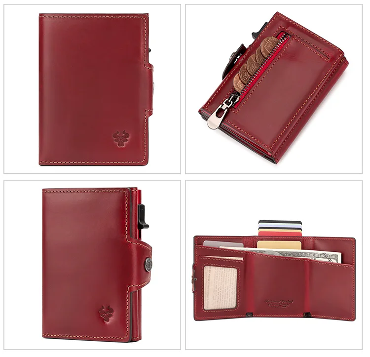 HUMERPAUL Men Card Holder with Money Pocket Crazy Horse Leather Pop Up Minimalist Wallet RFID Blocking Slim Metal Bank Card Case