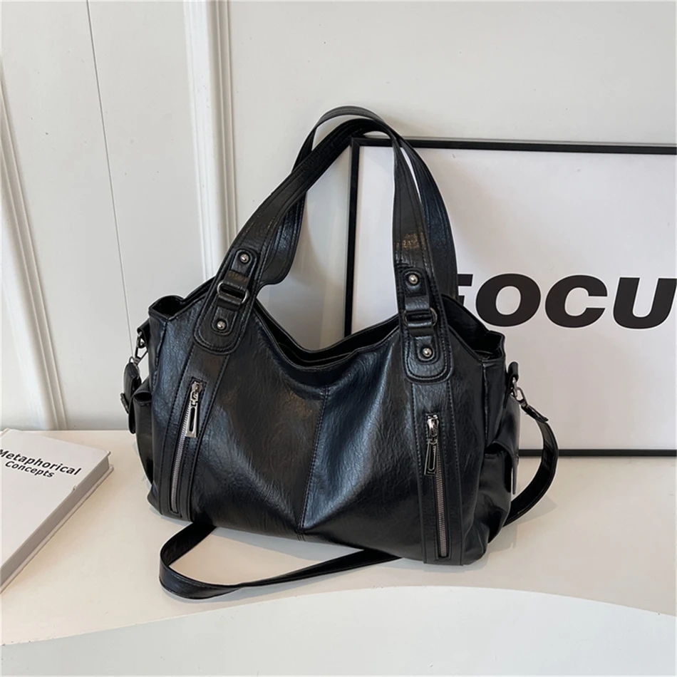 Women's Vintage Sturdy Wear-Resistant Tote Bag Large Capacity Multi-Pocket Leather Shoulder Crossbody Handbag for Daily Commute