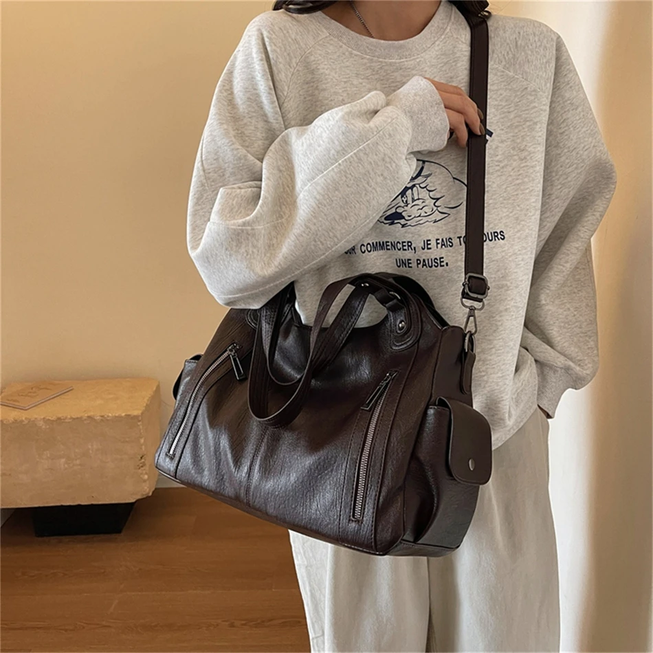 Women's Vintage Sturdy Wear-Resistant Tote Bag Large Capacity Multi-Pocket Leather Shoulder Crossbody Handbag for Daily Commute