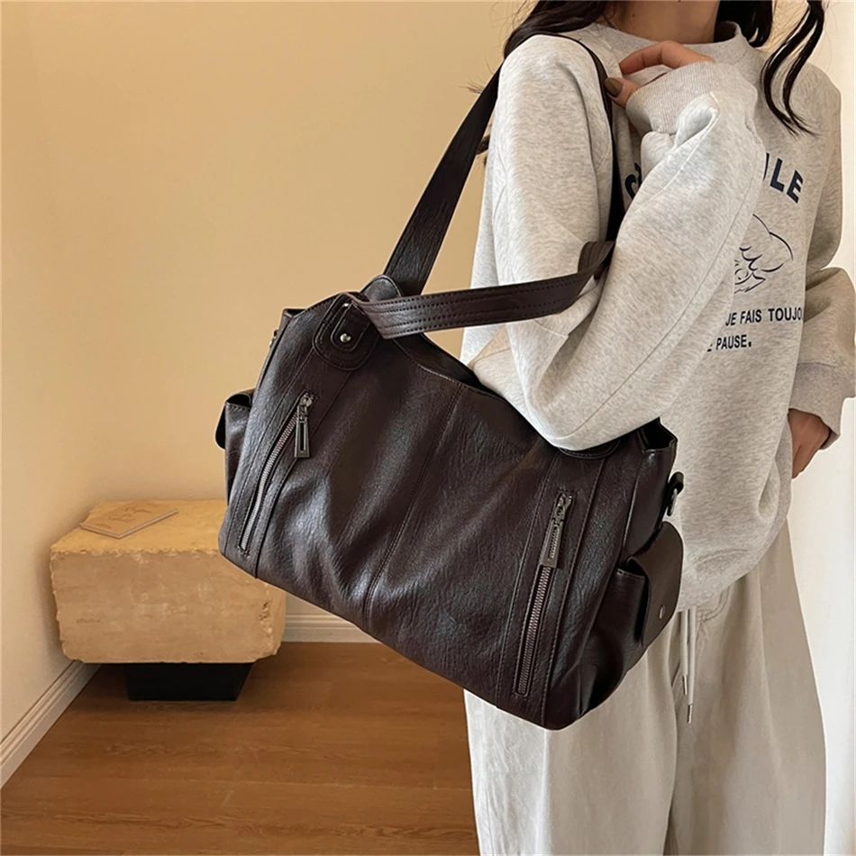Women's Vintage Sturdy Wear-Resistant Tote Bag Large Capacity Multi-Pocket Leather Shoulder Crossbody Handbag for Daily Commute