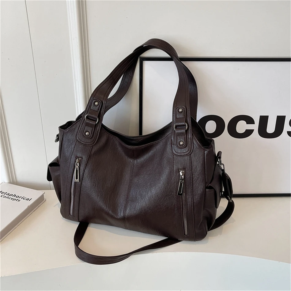 Women's Vintage Sturdy Wear-Resistant Tote Bag Large Capacity Multi-Pocket Leather Shoulder Crossbody Handbag for Daily Commute