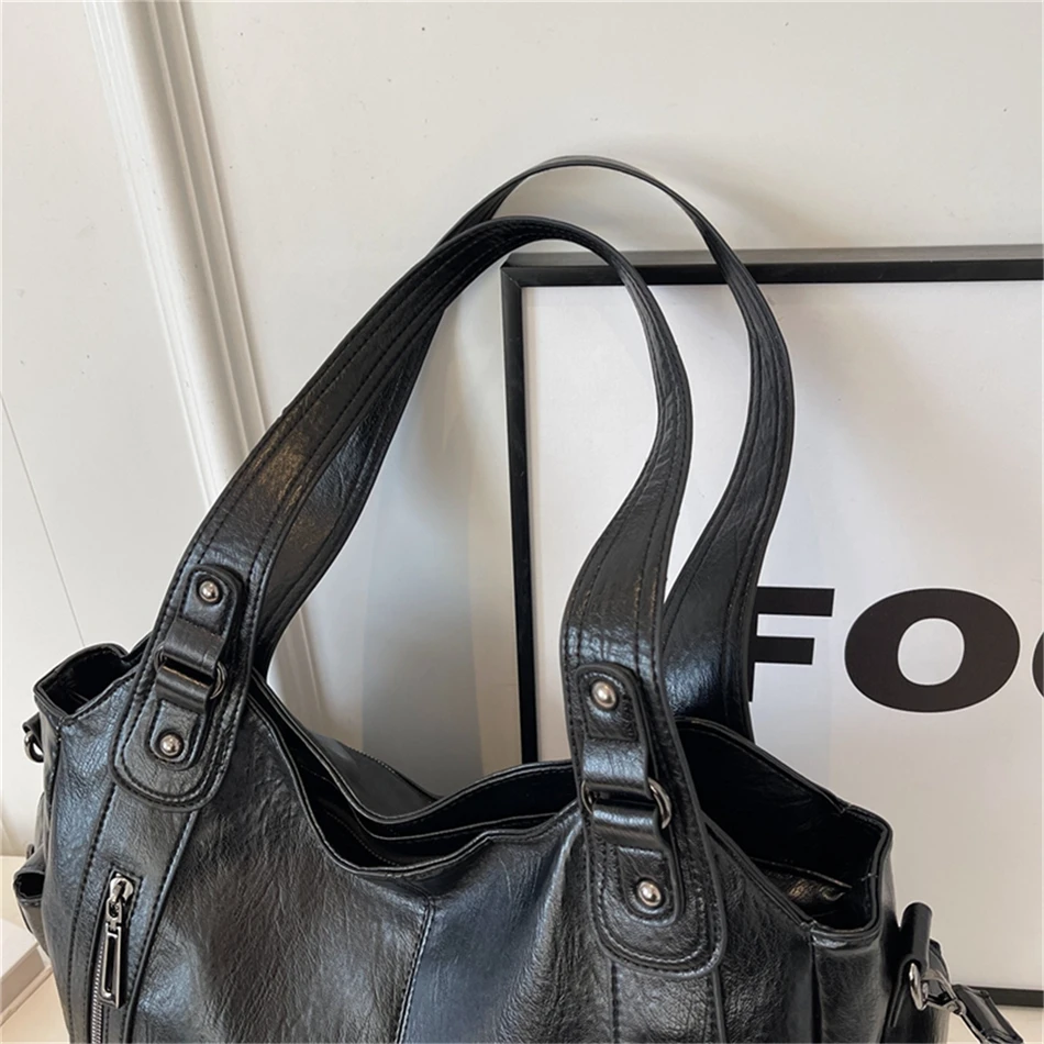 Women's Vintage Sturdy Wear-Resistant Tote Bag Large Capacity Multi-Pocket Leather Shoulder Crossbody Handbag for Daily Commute
