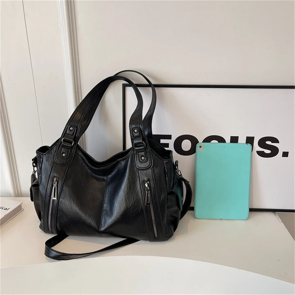 Women's Vintage Sturdy Wear-Resistant Tote Bag Large Capacity Multi-Pocket Leather Shoulder Crossbody Handbag for Daily Commute
