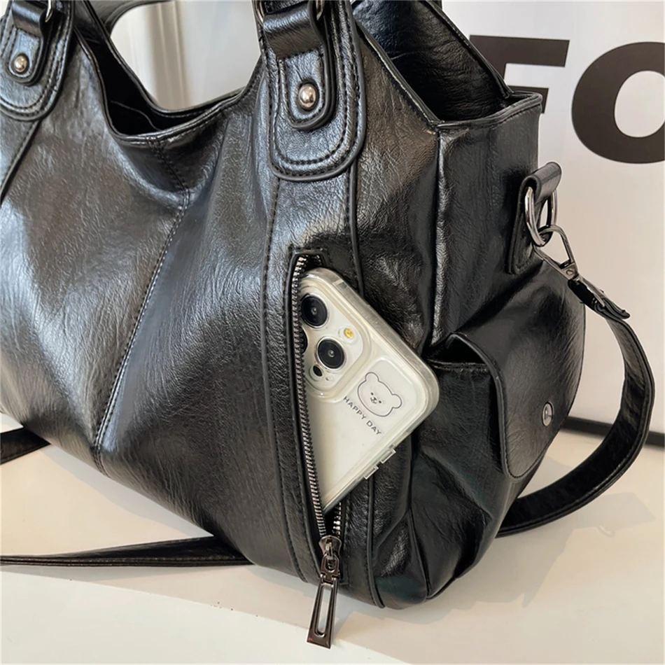 Women's Vintage Sturdy Wear-Resistant Tote Bag Large Capacity Multi-Pocket Leather Shoulder Crossbody Handbag for Daily Commute