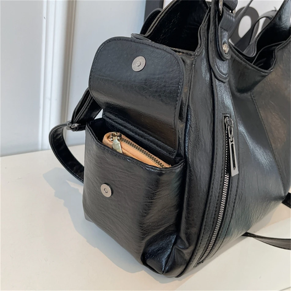 Women's Vintage Sturdy Wear-Resistant Tote Bag Large Capacity Multi-Pocket Leather Shoulder Crossbody Handbag for Daily Commute