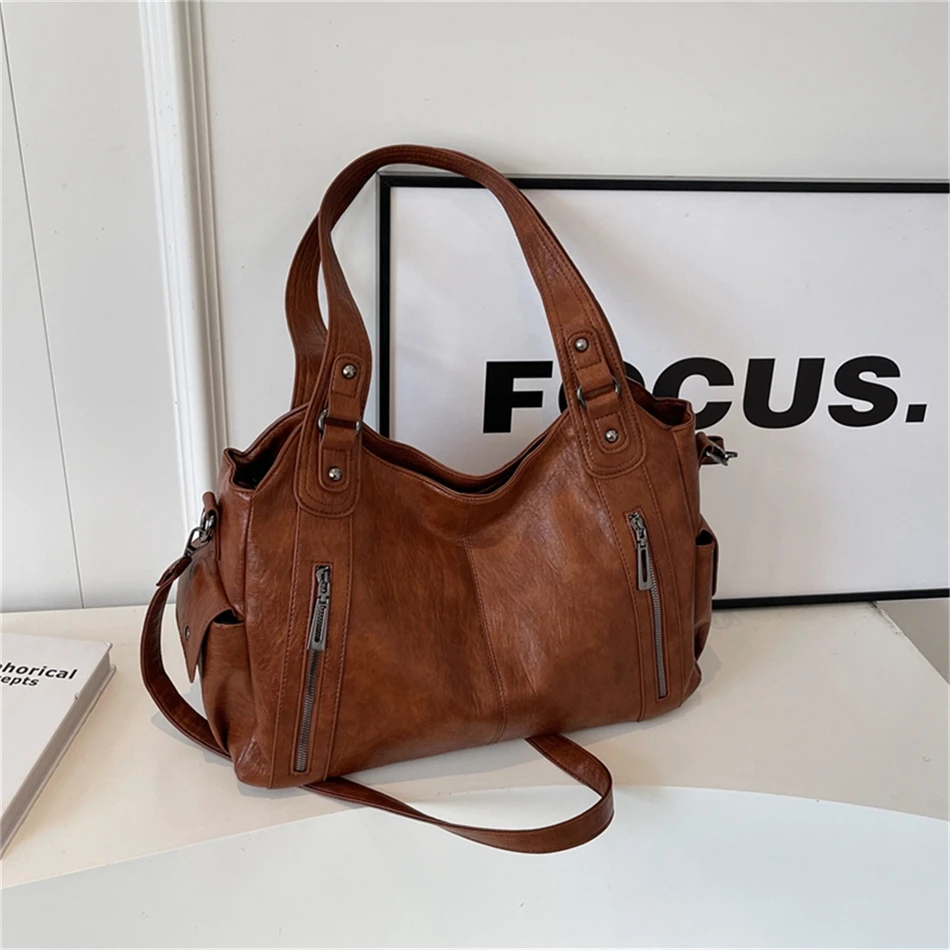 Women's Vintage Sturdy Wear-Resistant Tote Bag Large Capacity Multi-Pocket Leather Shoulder Crossbody Handbag for Daily Commute