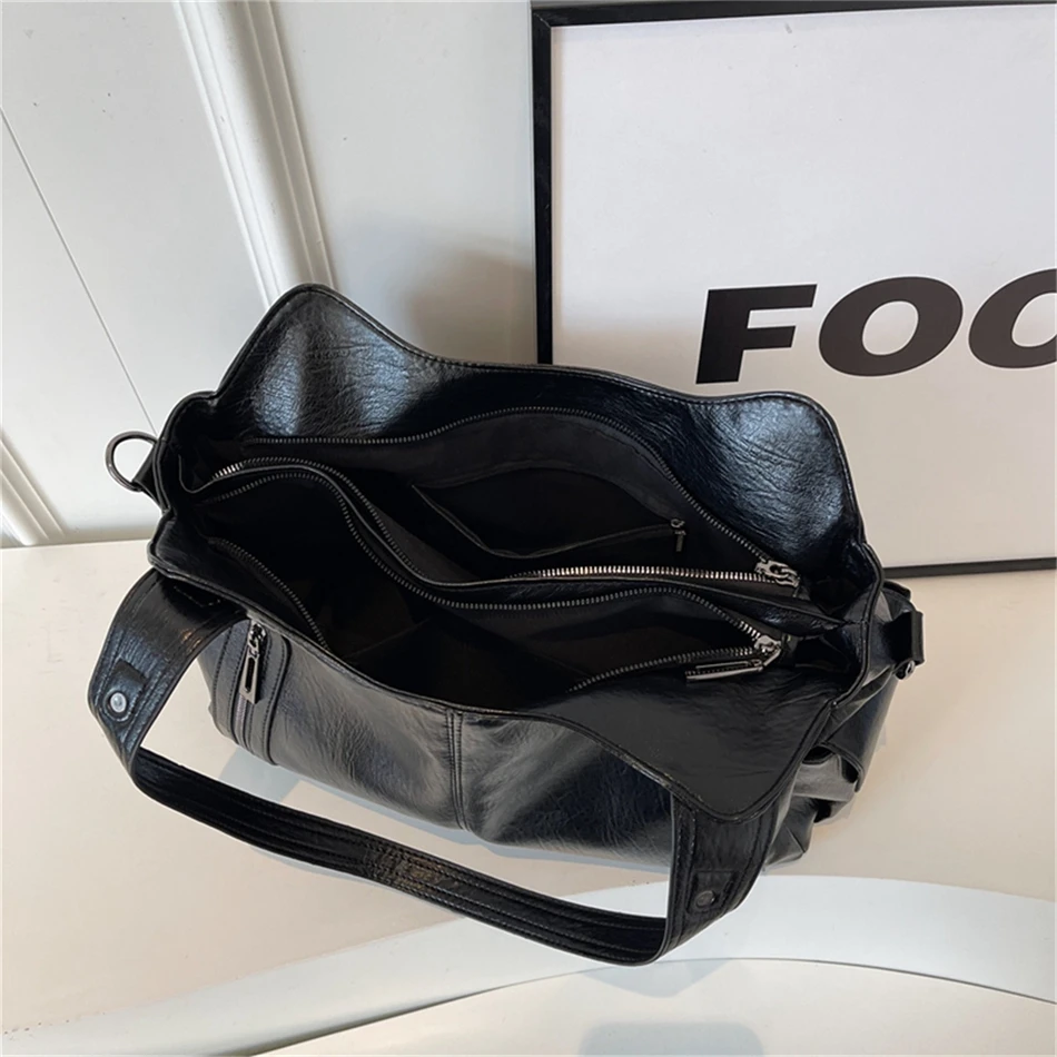 Women's Vintage Sturdy Wear-Resistant Tote Bag Large Capacity Multi-Pocket Leather Shoulder Crossbody Handbag for Daily Commute