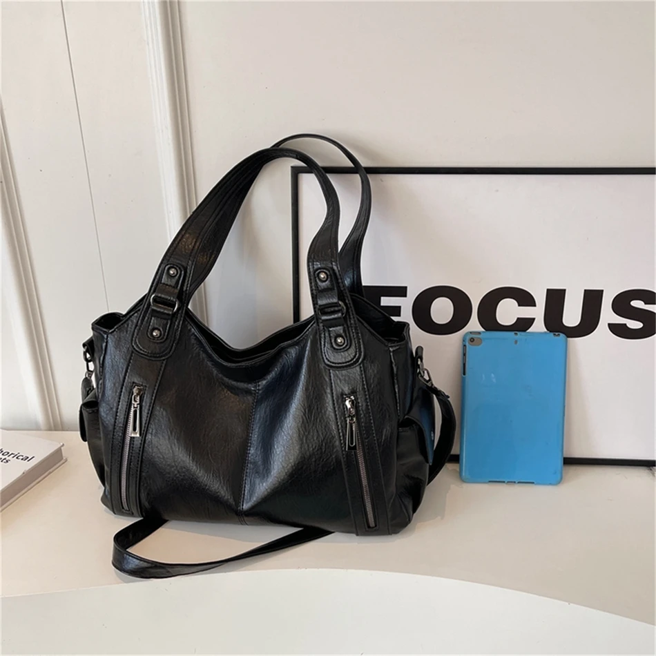 Women's Vintage Sturdy Wear-Resistant Tote Bag Large Capacity Multi-Pocket Leather Shoulder Crossbody Handbag for Daily Commute