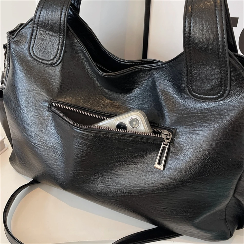 Women's Vintage Sturdy Wear-Resistant Tote Bag Large Capacity Multi-Pocket Leather Shoulder Crossbody Handbag for Daily Commute