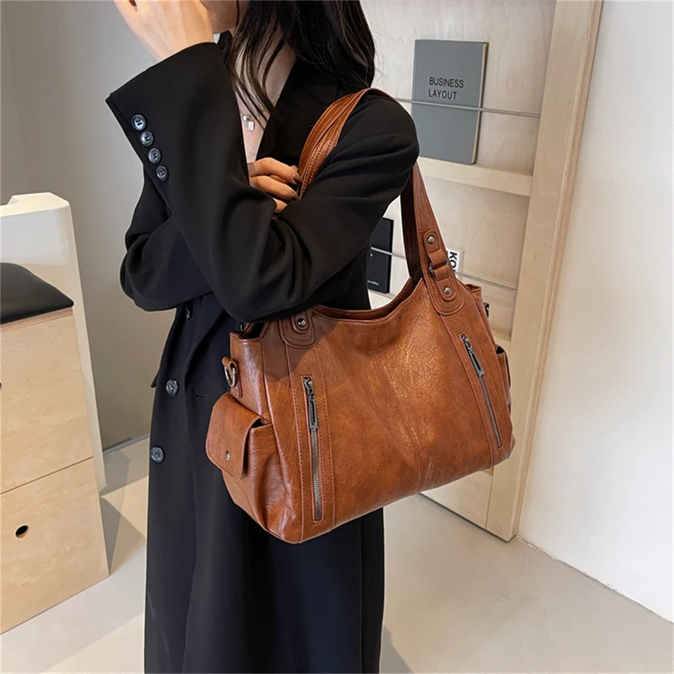 Women's Vintage Sturdy Wear-Resistant Tote Bag Large Capacity Multi-Pocket Leather Shoulder Crossbody Handbag for Daily Commute