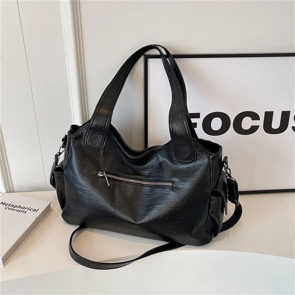 Women's Vintage Sturdy Wear-Resistant Tote Bag Large Capacity Multi-Pocket Leather Shoulder Crossbody Handbag for Daily Commute