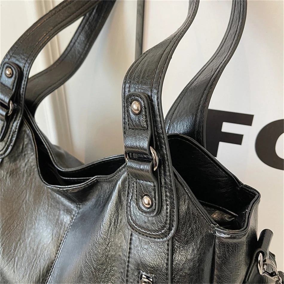Women's Vintage Sturdy Wear-Resistant Tote Bag Large Capacity Multi-Pocket Leather Shoulder Crossbody Handbag for Daily Commute