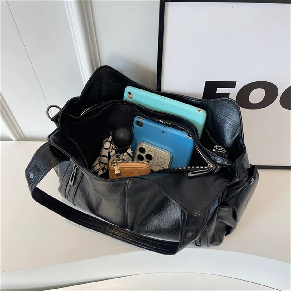 Women's Vintage Sturdy Wear-Resistant Tote Bag Large Capacity Multi-Pocket Leather Shoulder Crossbody Handbag for Daily Commute