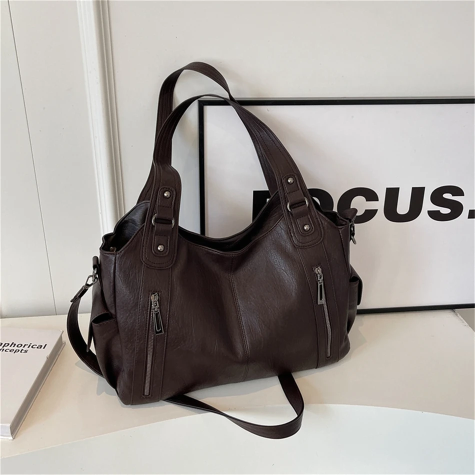 Women's Vintage Sturdy Wear-Resistant Tote Bag Large Capacity Multi-Pocket Leather Shoulder Crossbody Handbag for Daily Commute