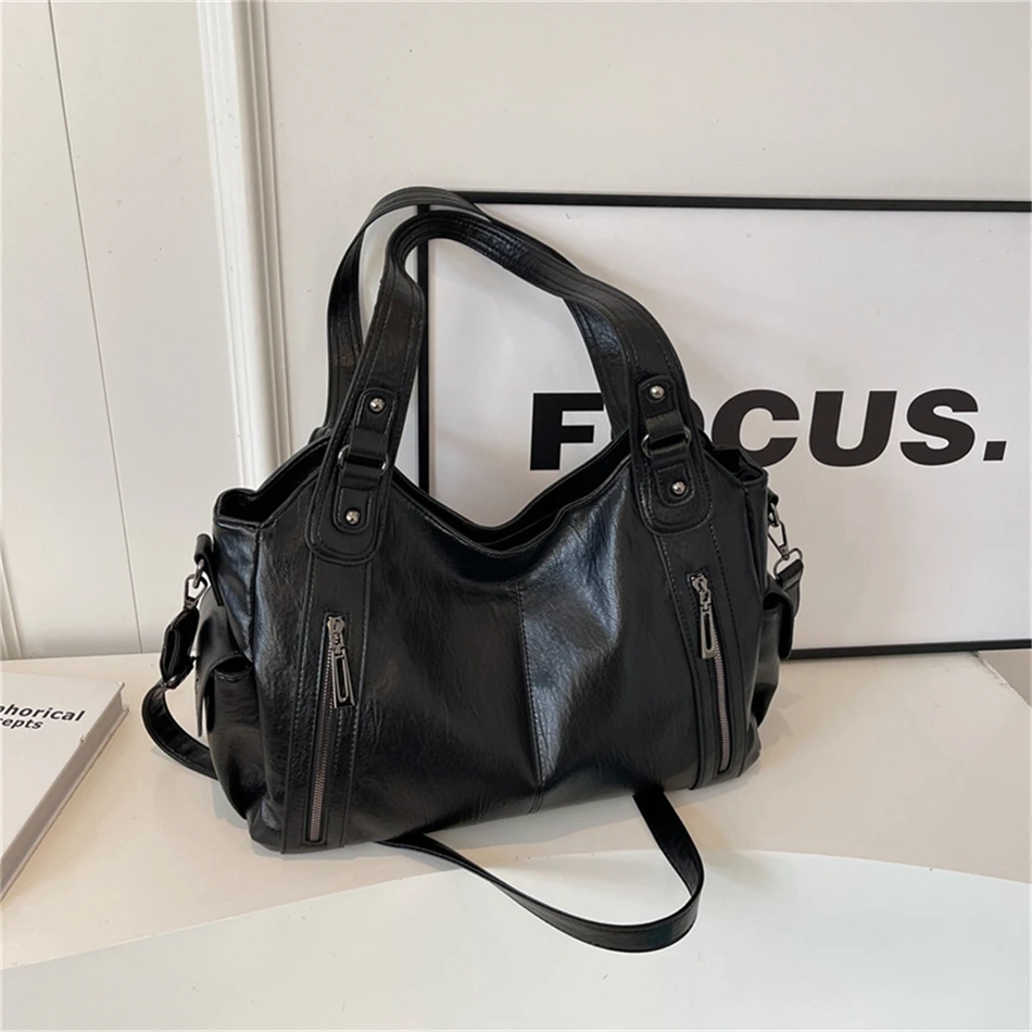 Women's Vintage Sturdy Wear-Resistant Tote Bag Large Capacity Multi-Pocket Leather Shoulder Crossbody Handbag for Daily Commute
