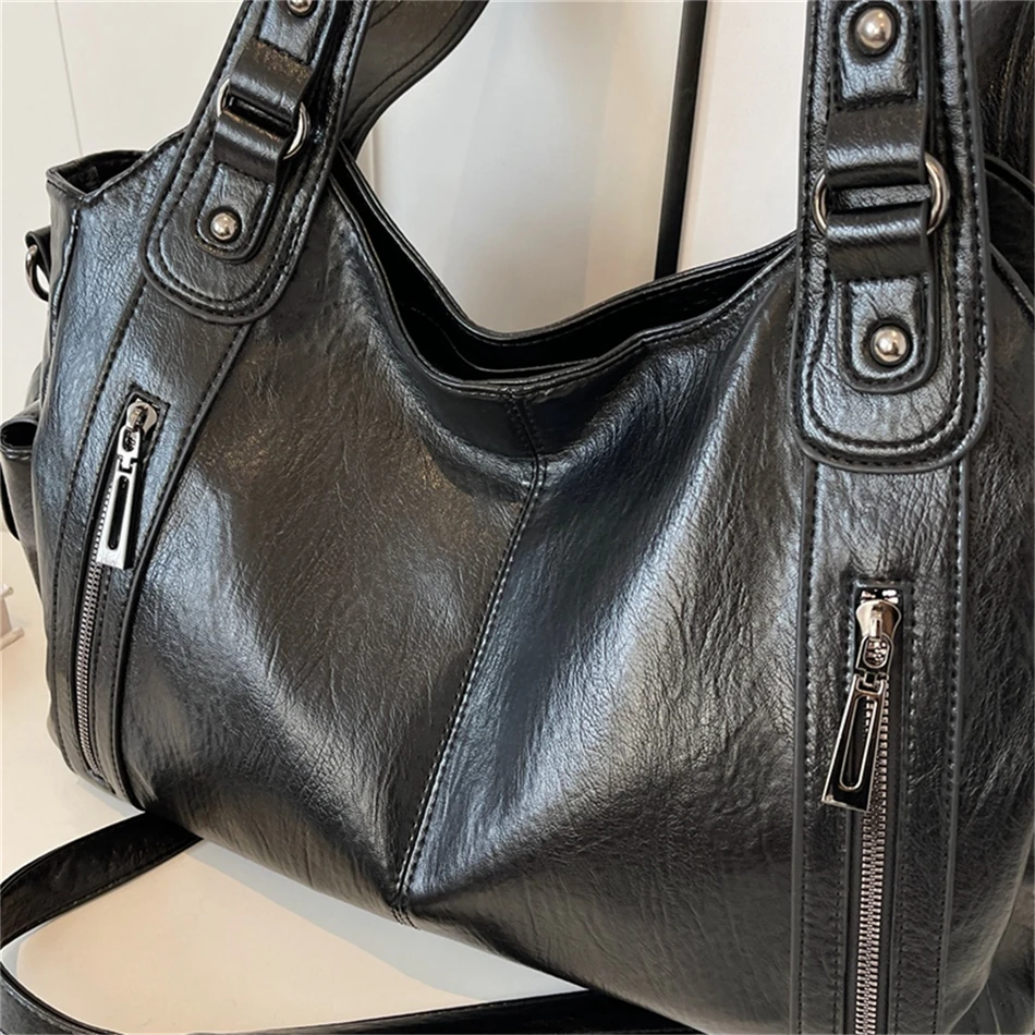 Women's Vintage Sturdy Wear-Resistant Tote Bag Large Capacity Multi-Pocket Leather Shoulder Crossbody Handbag for Daily Commute