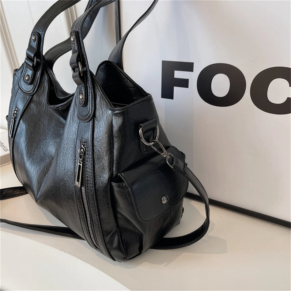 Women's Vintage Sturdy Wear-Resistant Tote Bag Large Capacity Multi-Pocket Leather Shoulder Crossbody Handbag for Daily Commute