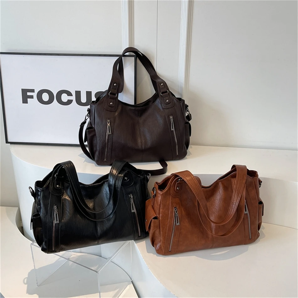 Women's Vintage Sturdy Wear-Resistant Tote Bag Large Capacity Multi-Pocket Leather Shoulder Crossbody Handbag for Daily Commute