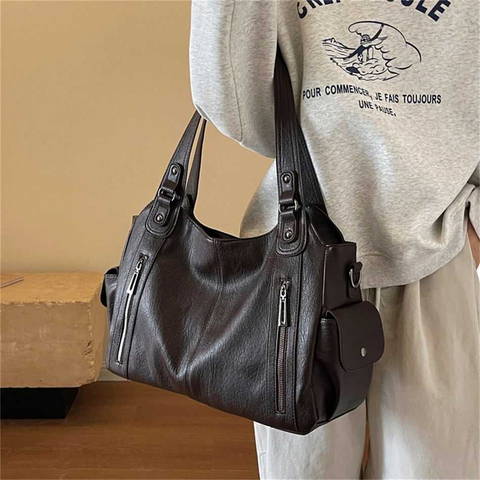 Women's Vintage Sturdy Wear-Resistant Tote Bag Large Capacity Multi-Pocket Leather Shoulder Crossbody Handbag for Daily Commute