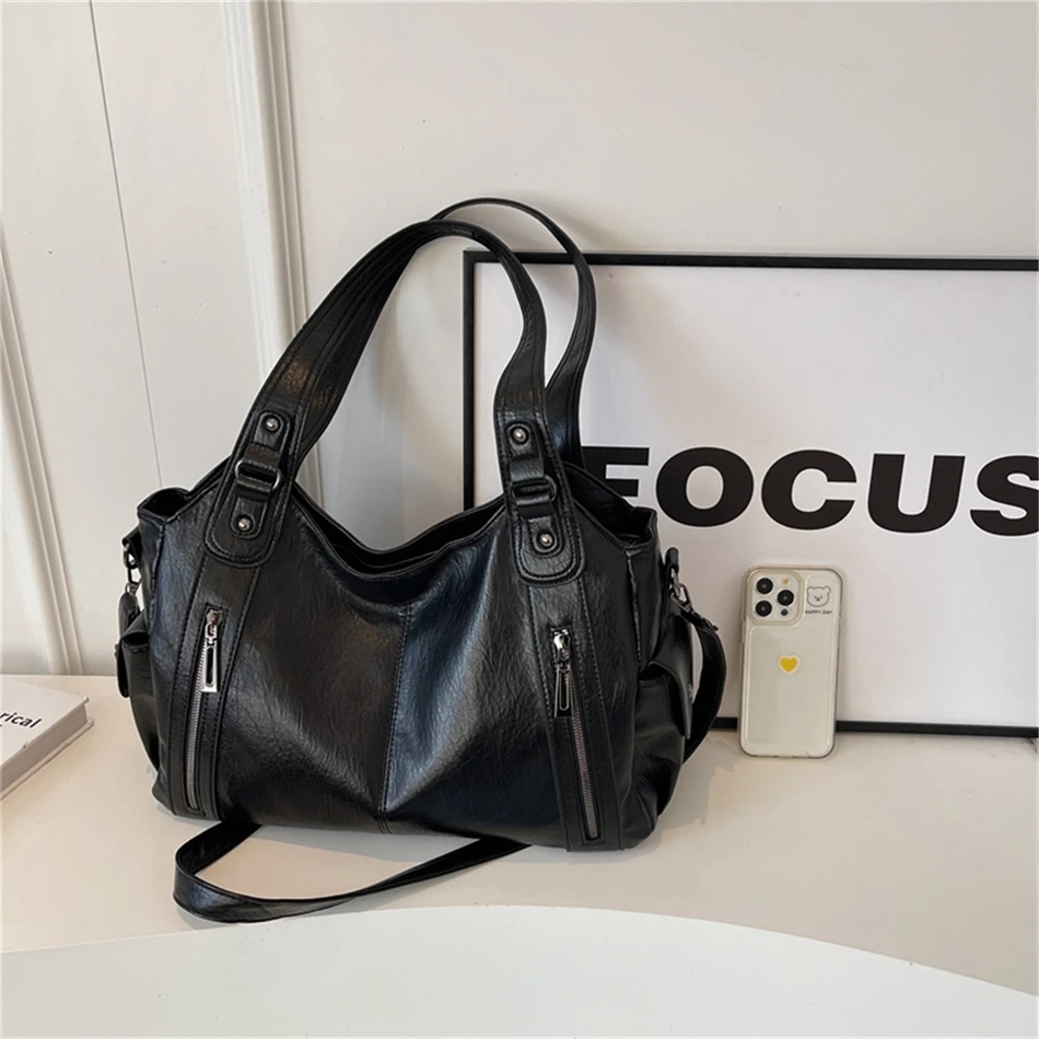 Women's Vintage Sturdy Wear-Resistant Tote Bag Large Capacity Multi-Pocket Leather Shoulder Crossbody Handbag for Daily Commute