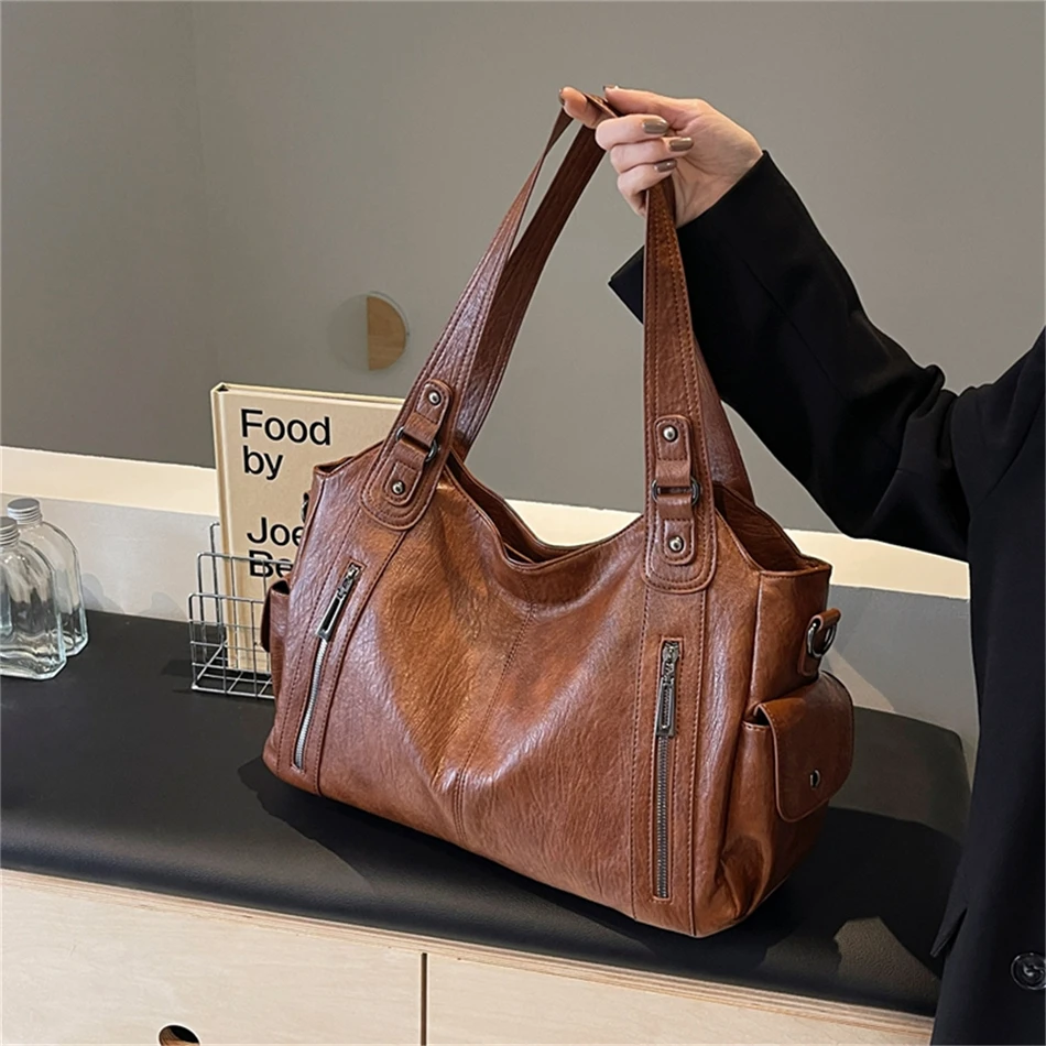 Women's Vintage Sturdy Wear-Resistant Tote Bag Large Capacity Multi-Pocket Leather Shoulder Crossbody Handbag for Daily Commute