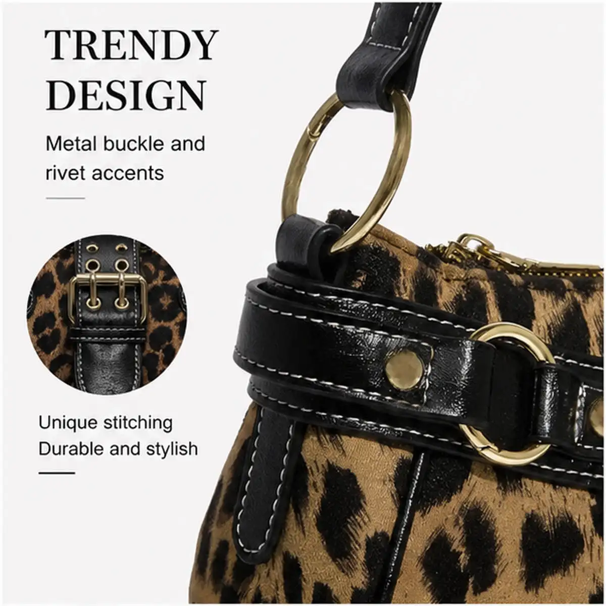 Y2K Leopard Print Underarm Shoulder Bag For Women Retro Buckle Splicing PU Leather Baguette Handbag Trendy Ladies Street Hobo Purse Daily Party