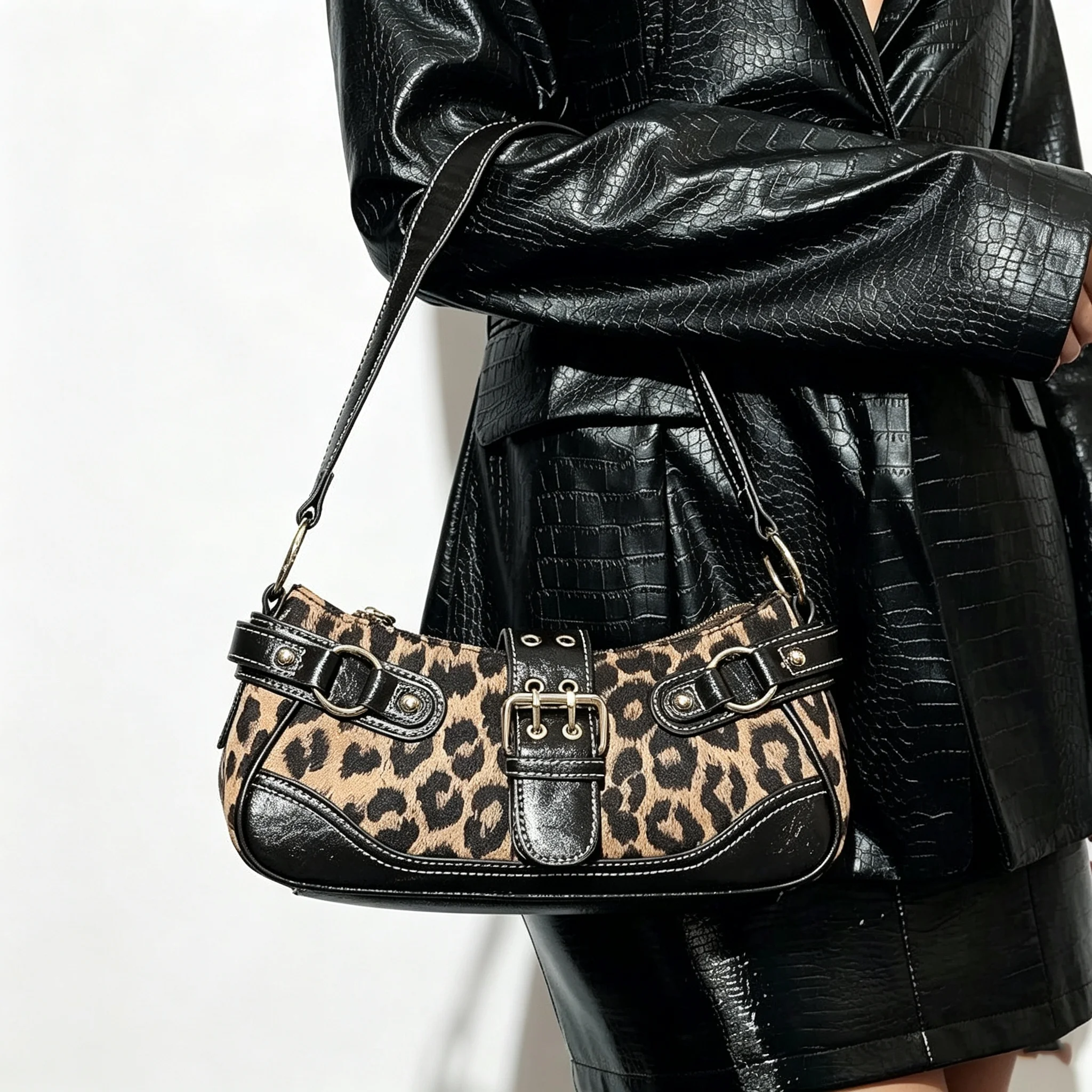 Y2K Leopard Print Underarm Shoulder Bag For Women Retro Buckle Splicing PU Leather Baguette Handbag Trendy Ladies Street Hobo Purse Daily Party