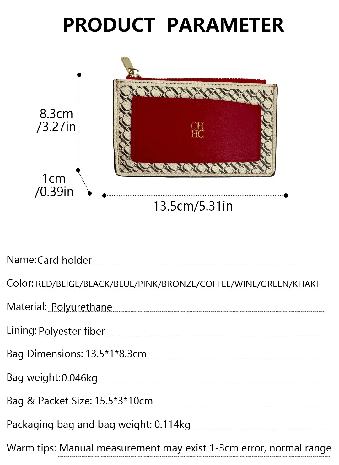 CH Embossed PU Leather Card Holder Women Zipper Coin Purse Slim ID Credit Card Wallet Small Clutch Bag