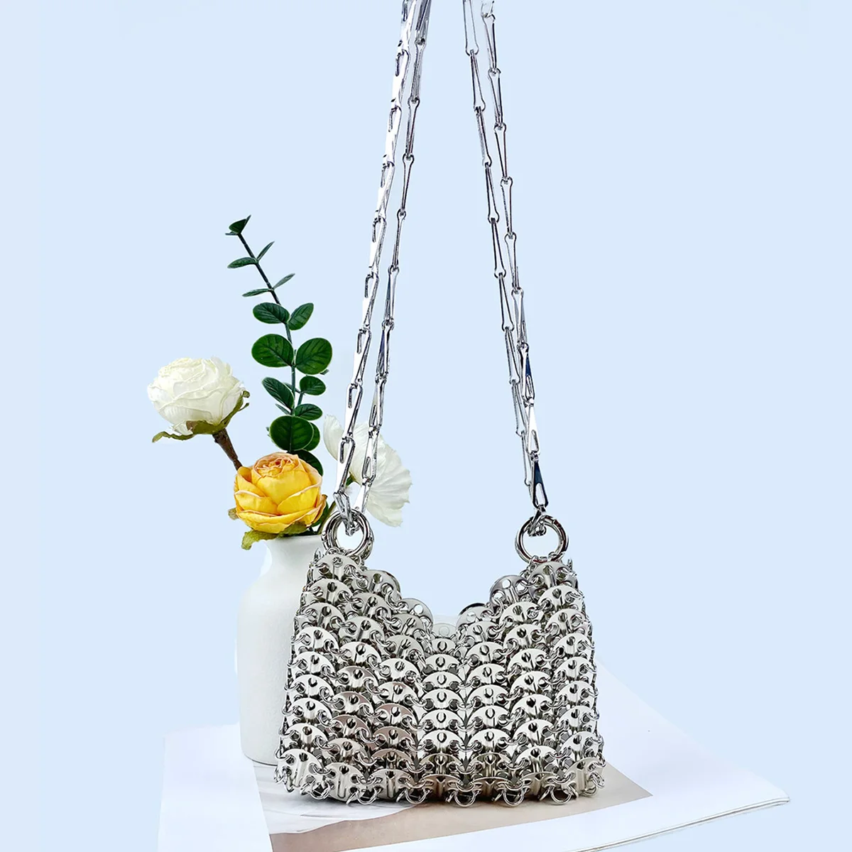 Silver Shiny Bag Handmade Woven Beaded Sequin Bag Mobile Phone Bag Long Shoulder Strap Single Shoulder Crossbody Bag for Women