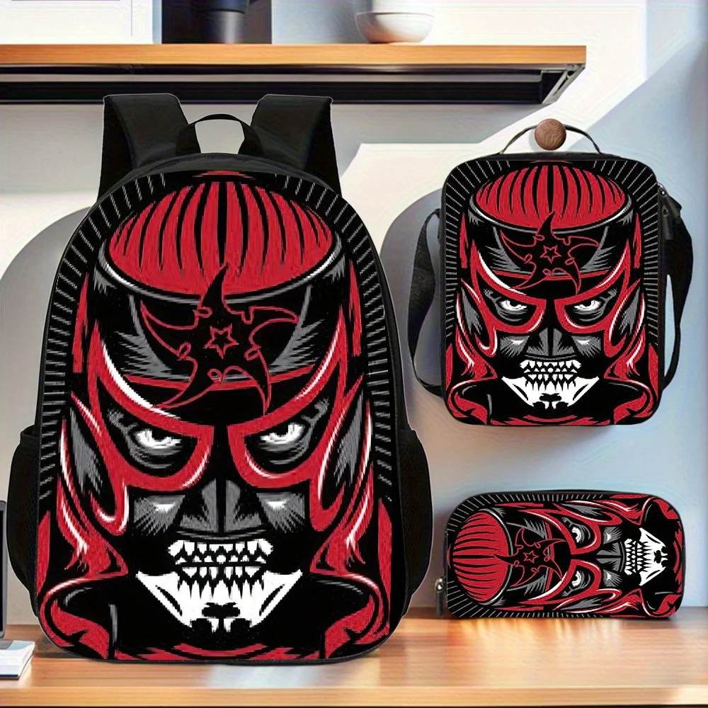 Lucha Libre Wrestler 3pcs Backpack Collection, Featuring a Spacious Casual Double-Shoulder Backpack, a Pencil Case, And a Messen
