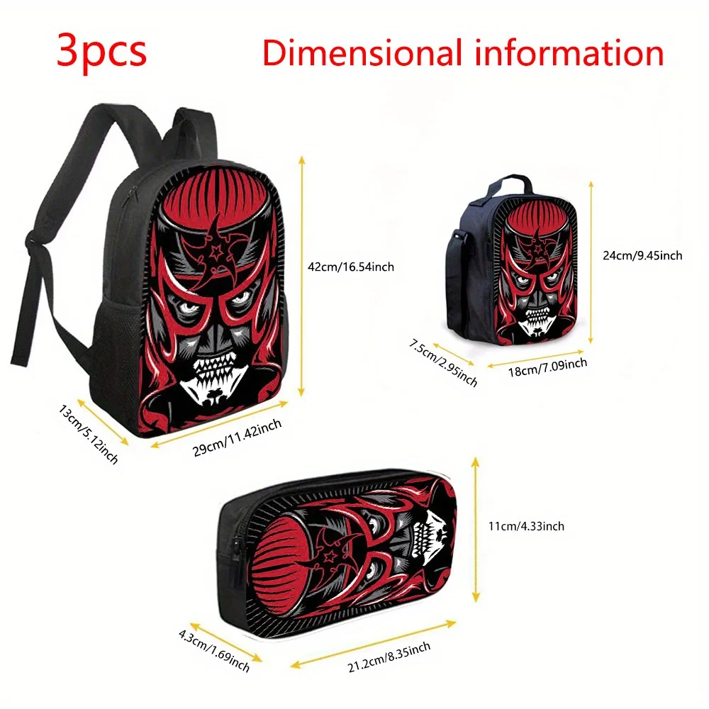 Lucha Libre Wrestler 3pcs Backpack Collection, Featuring a Spacious Casual Double-Shoulder Backpack, a Pencil Case, And a Messen