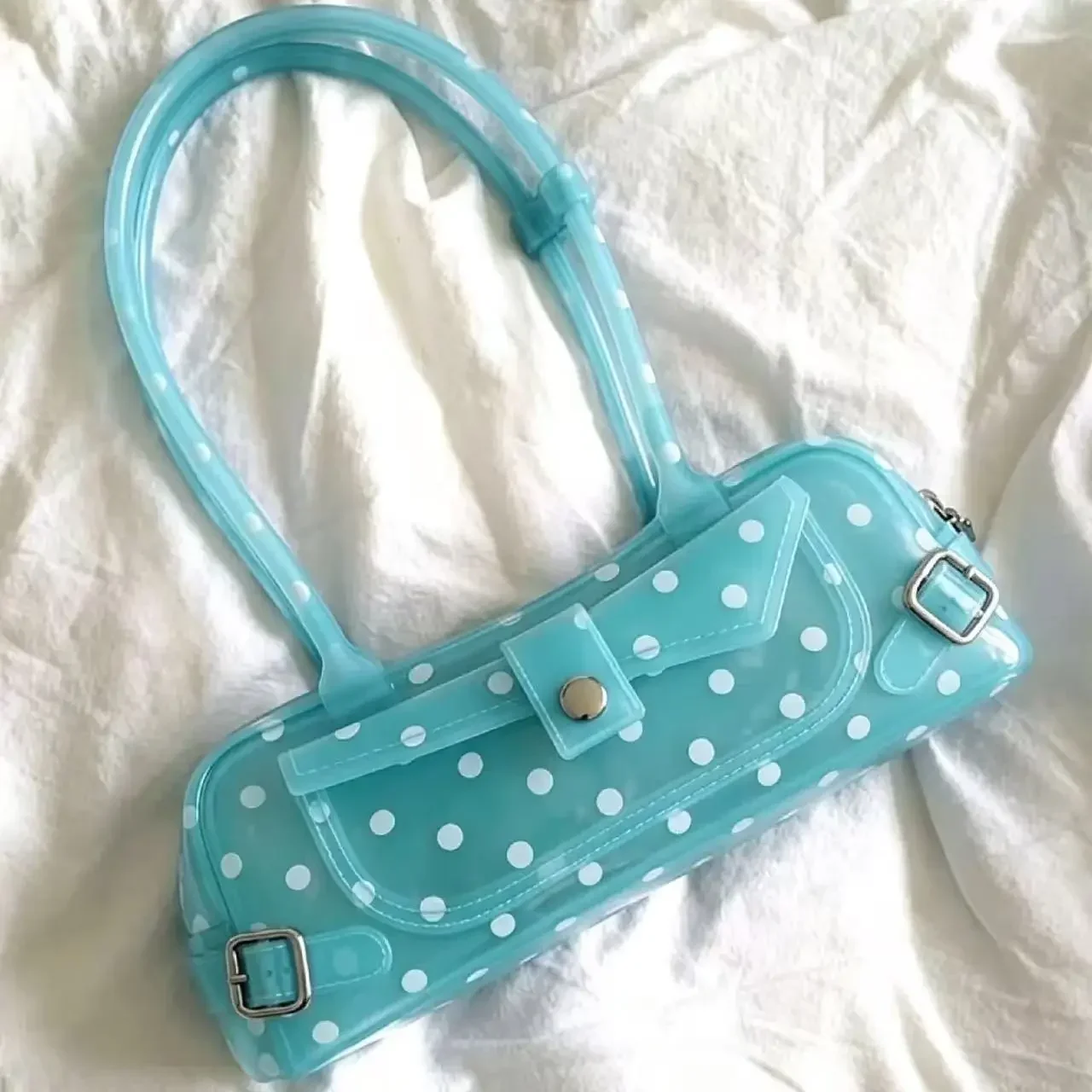 Sweet Polka Dot Transparent Pvc Jelly Tube Handbag Candy Colored Mini Top Handle Shoulder Bag Summer Seaside Vacation Tote Bag