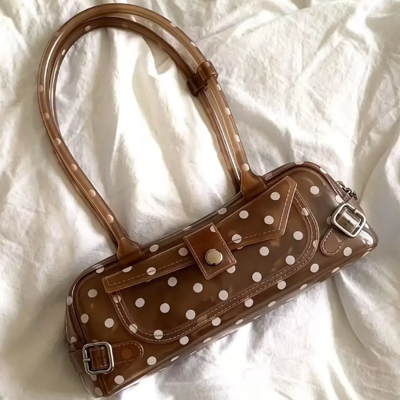 Sweet Polka Dot Transparent Pvc Jelly Tube Handbag Candy Colored Mini Top Handle Shoulder Bag Summer Seaside Vacation Tote Bag