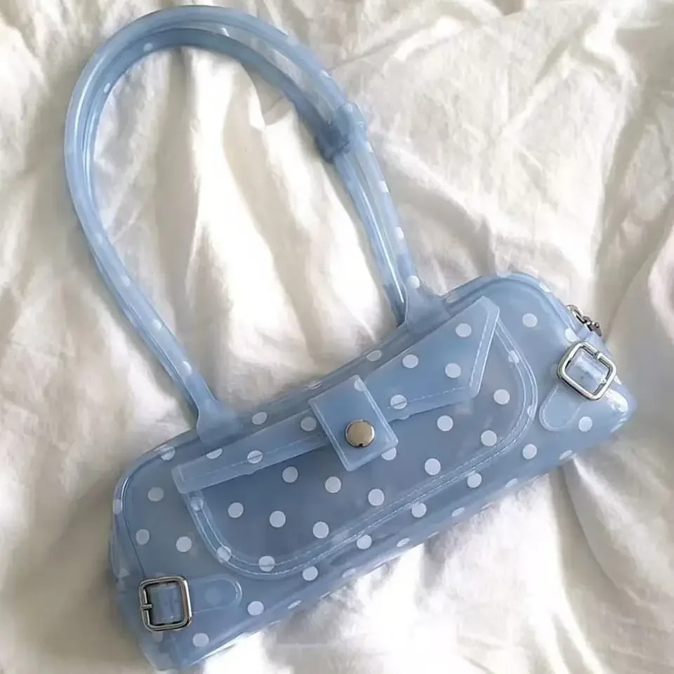 Sweet Polka Dot Transparent Pvc Jelly Tube Handbag Candy Colored Mini Top Handle Shoulder Bag Summer Seaside Vacation Tote Bag