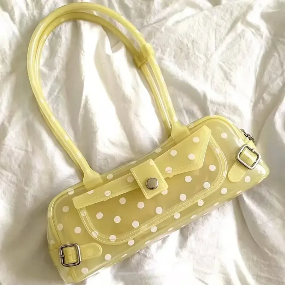 Sweet Polka Dot Transparent Pvc Jelly Tube Handbag Candy Colored Mini Top Handle Shoulder Bag Summer Seaside Vacation Tote Bag