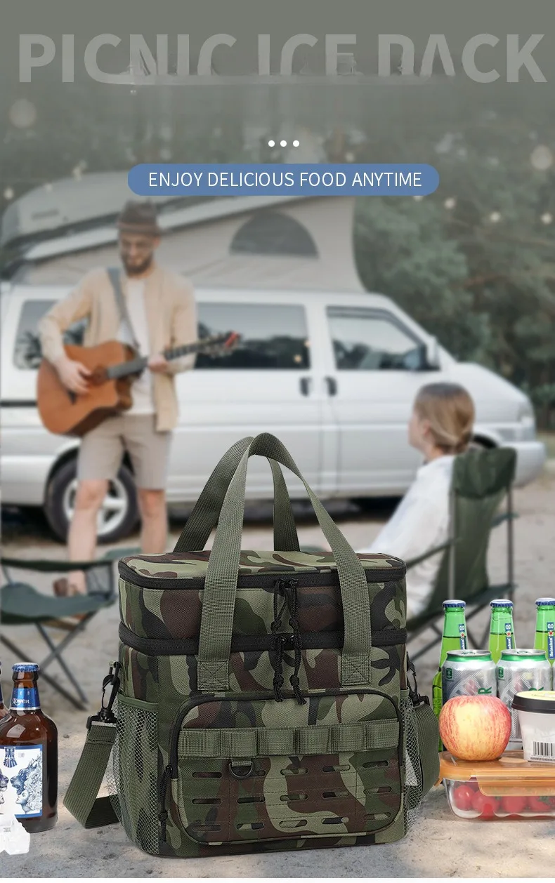 Camouflage outdoor double-layer picnic bag, portable insulated bag, large-capacity camping lunch bag, outdoor ice bag, lunch box
