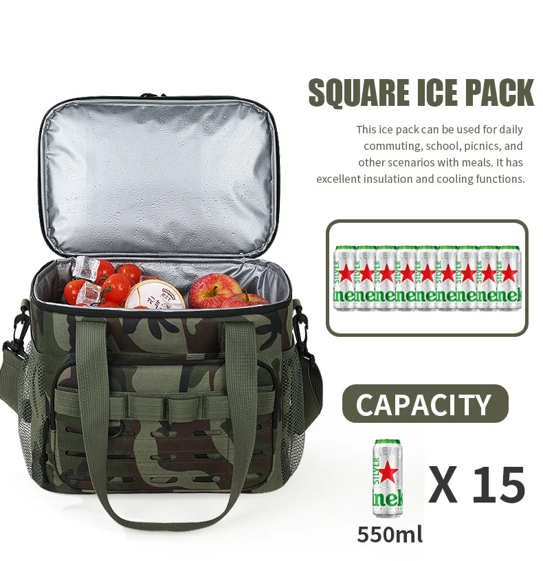 Camouflage outdoor double-layer picnic bag, portable insulated bag, large-capacity camping lunch bag, outdoor ice bag, lunch box