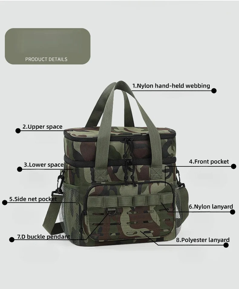 Camouflage outdoor double-layer picnic bag, portable insulated bag, large-capacity camping lunch bag, outdoor ice bag, lunch box