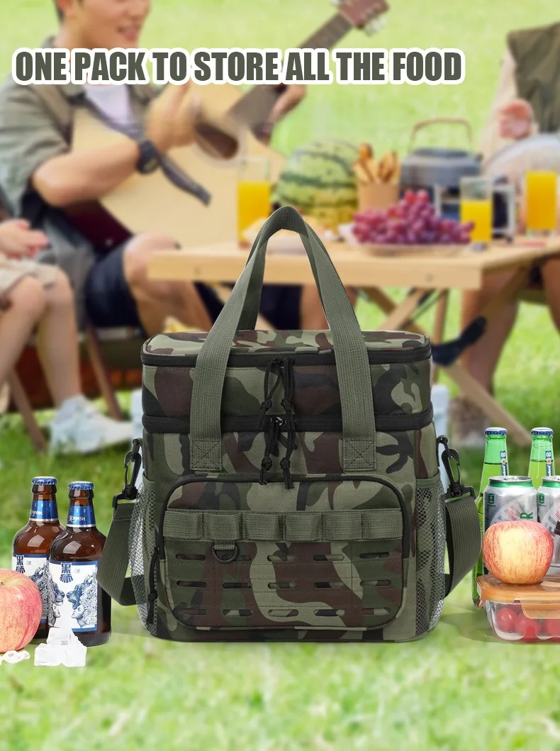 Camouflage outdoor double-layer picnic bag, portable insulated bag, large-capacity camping lunch bag, outdoor ice bag, lunch box