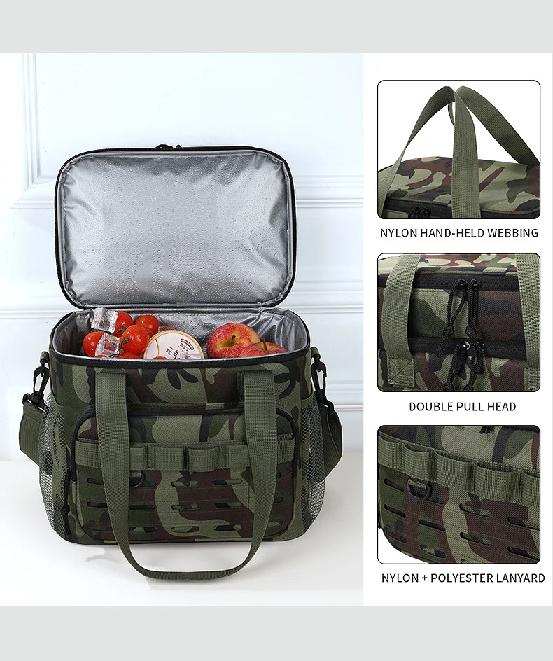 Camouflage outdoor double-layer picnic bag, portable insulated bag, large-capacity camping lunch bag, outdoor ice bag, lunch box