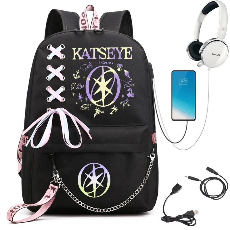 Girl Group Katseye Graphic School Backpack for Teen USB Port School Bags Women Y2K Laptop Computer Bag Student Katseye Bagpack
