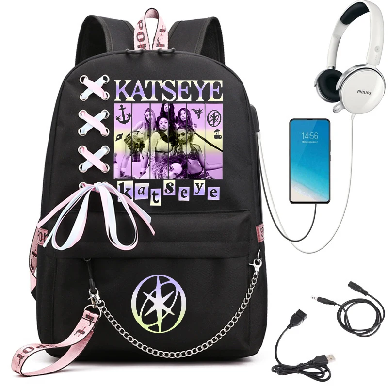 Girl Group Katseye Graphic School Backpack for Teen USB Port School Bags Women Y2K Laptop Computer Bag Student Katseye Bagpack